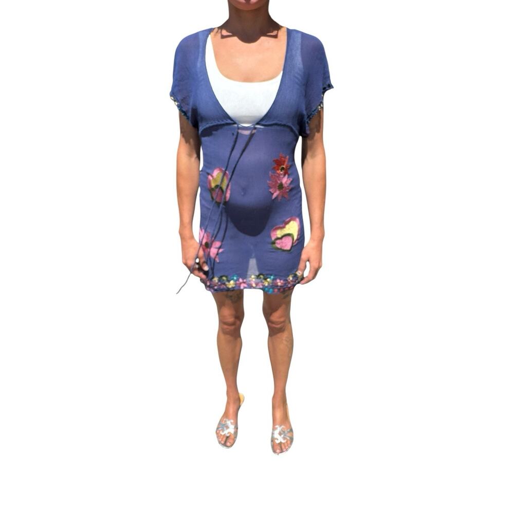 Jenny Han XS Blue Sheer Silk W/Floral Embroidery Deep V-Neck Mini Dress